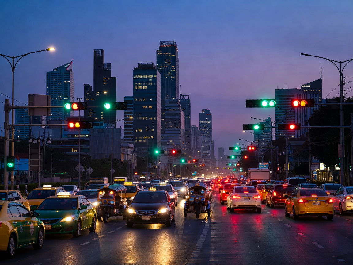 Bangkok city traffic lights illuminating the metropolis skyline at dusk