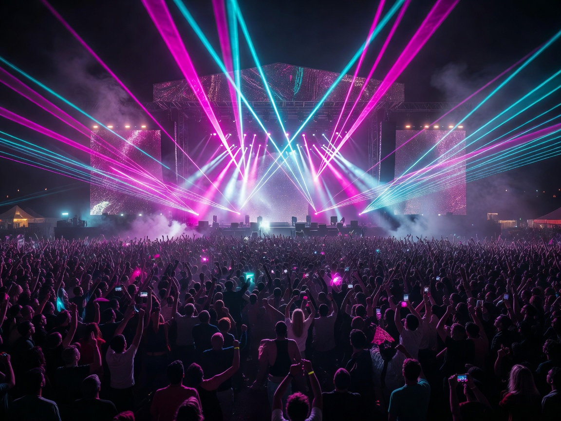 Massive festival stage glowing with bright magenta and cyan laser lights over a sea of concert goers