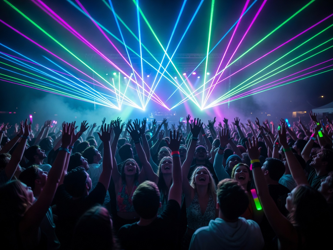Music festival crowd with hands raised illuminated by neon stage lasers