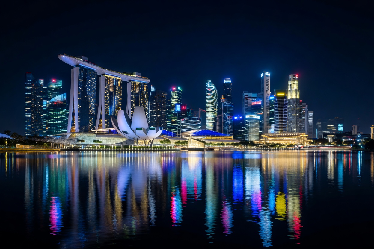 Singapore skyline at night with luminous Supertree Grove illuminated in pink and purple