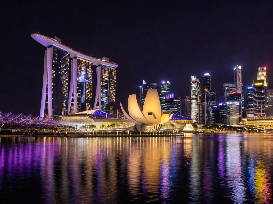Singapore skyline glowing in violet and gold at Marina Bay night