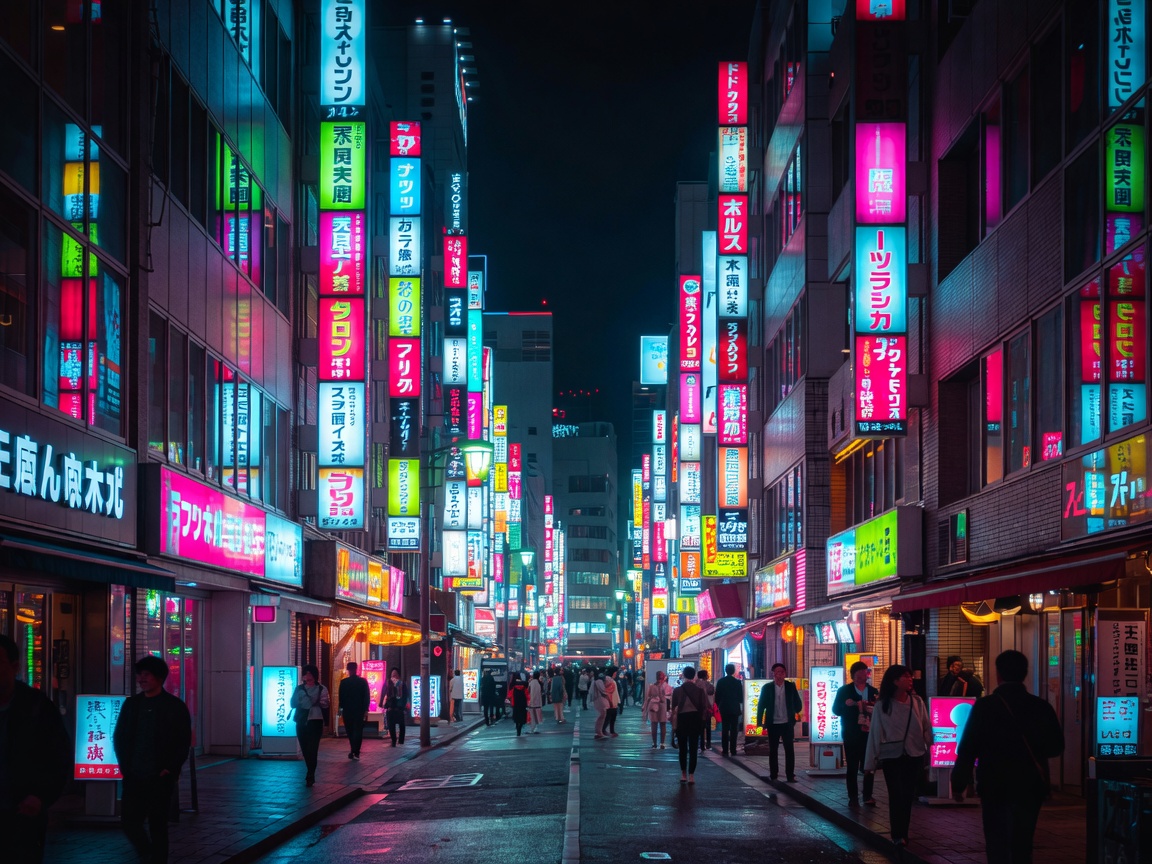 Tokyo Shinjuku district illuminated by colorful vertical neon signage at night